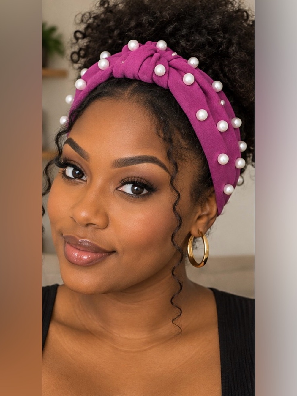 Magenta Pearl-Embellished Knotted Headband